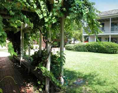 Pensacola:-Historic-Pensacola-Village:-Tivioli-House_01c.jpg:  arbor, grape vine, historic village, historic house, balcony, museum shop, museum, brick sidewalk